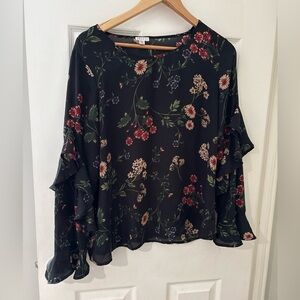 Spense black floral sheer long sleeve ruffle top size large